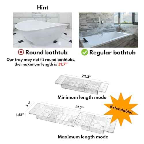 Expandable Bathtub Tray for Tub, Clear & Easy Maintenance Acrylic Material, Bath Organizer for Relaxing Spa, Fits Most Bathtubs and Bathroom D?cor Style, Bath Tub Caddy Tray for Women