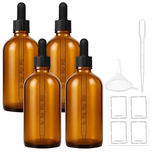 Bumobum 100ml Dropper Bottle, Amber Glass Dropper Bottle with Measured Dropper, 3.4oz Empty Eye Tincture Bottles with Funnel, Pipette & Labels for Essential Hair Oils Serums, 4 Pack