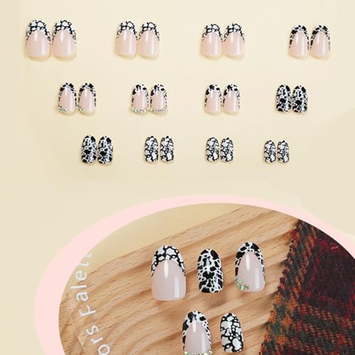 IMRAIN Press on Nails Short Oval Fake Nails with Cow Pattern & Rhinestone Designs Glossy Glue on Nails Extra Short Round Full Cover Black White Stick on False Nails for Women Girls 24Pcs