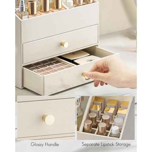 Vlando Makeup Organizer for Vanity,Large Capacity Countertop Organizer with Drawers, PU Leather Cosmetic Display Case for Lipstick,Brushes,Skincare,Bedroom Storage (Beige)