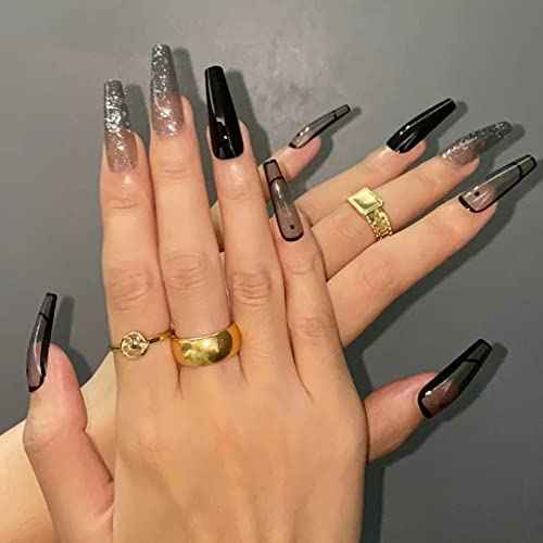 BABALAL Glitter Press on Nails Black French Fake Nails Shiny Clip on Nails Long Ballerina Artificial Finger Manicure with Nail Glue for Women and Girls