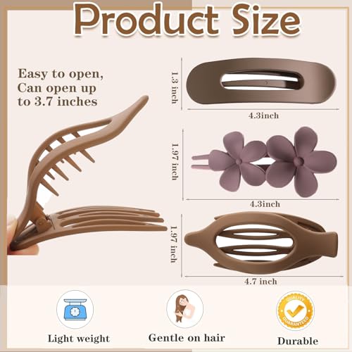 6 PCS Flat Hair Clips, French Lay Flat Claw Clips for Women Girls, 3 Styles Strong Hold Non-slip Matte Hair Claws for Thin Thick Hair(Navy&Brown)