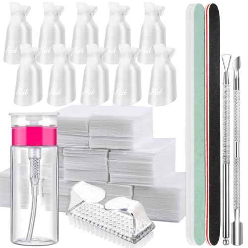 FANDAMEI Nail Polish Gel Remover Tools Kit, 10 Pcs Clear Nail Clips, 100ml Nail Polish Remover Bottle, 500 Pcs Remover Cotton Pad, Nail Brush, Cuticle Pusher, Cuticle Peeler, Nail File, Buffer Block