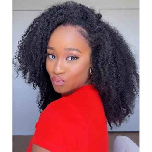 ‌Kinky Curly Half Wig Human Hair With Drawstring 200% Density, Seamless 3 In 1 Flip Over Afro Kinky Curly Wig Human Hair Glueless Wear and Go Headband Curly Half Wigs for Black Women 18 Inch