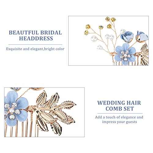 BOWINR 5 Pack Wedding Hair Piece Bridal Hair Comb, Blue Flower Rhinestone Hair Accessories Handmade Pearl Crystal Floral Leaf Hair Clip for Women Girls Bride Bridesmaids Prom Wedding Party