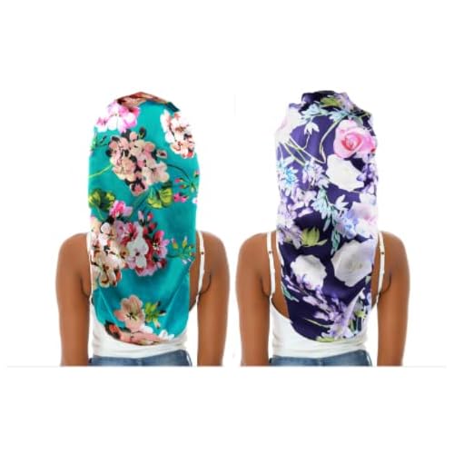 2pcs Extra Long Satin Bonnet Sleep Cap for Women, Double-Layer Silky Hair Bonnet for Braids/Dreadlocks/Curly/Long Hair with Tie Band (Green Flora & Purple Floral)