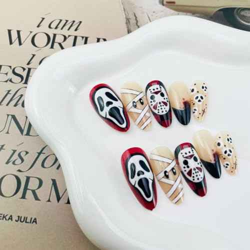 Halloween Press on Nails Medium Almond Fake Nails Horror Ghost Design Skull Mummy Bandage Full Cover Stick on Nail Black French Tip Glue on Nails Gothic Halloween Handmade Nails for Women 24Pcs