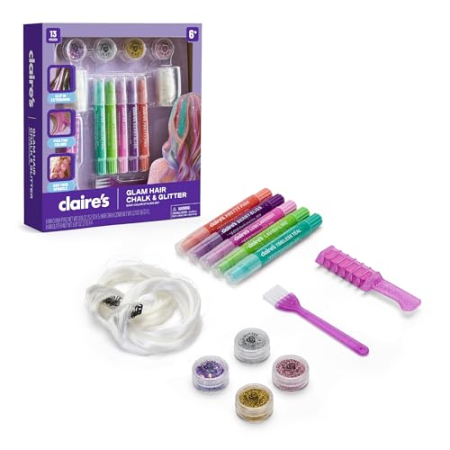 Claire's Hair Chalk & Glitter Styling Kit ? 13-Piece Temporary Hair Color Set with Washable Chalk Pens, Glitter Gels, Clip-in Extensions & Tools| Girls Beauty Activity Toy| Fashion Craft Kits Ages 6+