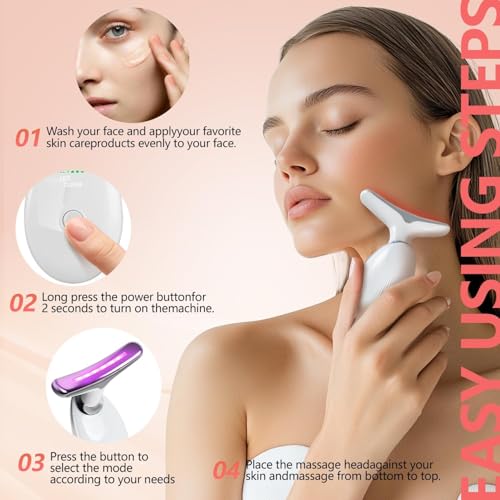 2025 New Face and Neck Massager Tool, 7 Colors LED Womens Skin Care Facial Massager for Skin Rejuvenation, Lifting, Toning, Glow Boost-White