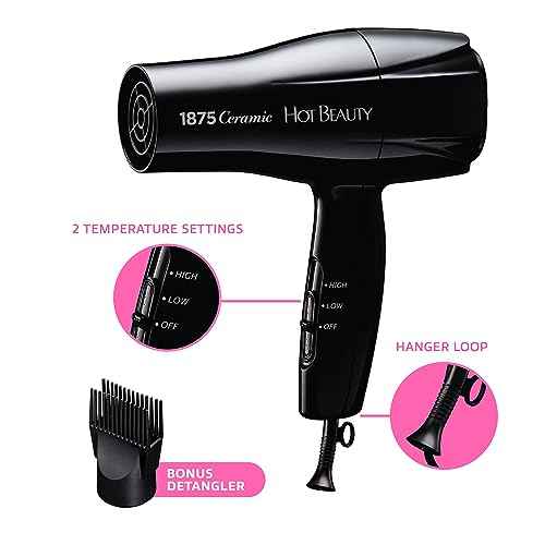 1875 Ceramic Hair Dryer, Powerful Fast Drying, Multi-Setting with Comb Attachment, Additional Detangler Included, Slide Bar Switch, Compact for Home & Travel (Black)