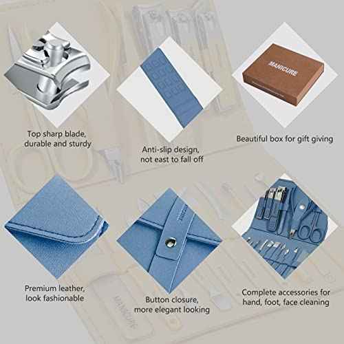 Manicure Set Professional Nail Clippers Pedicure Kit, 16 pcs Stainless Steel Nail Care Tools Grooming Kit with Luxurious Travel Leather Case for Thick Nails Men Women Gift (Blue)