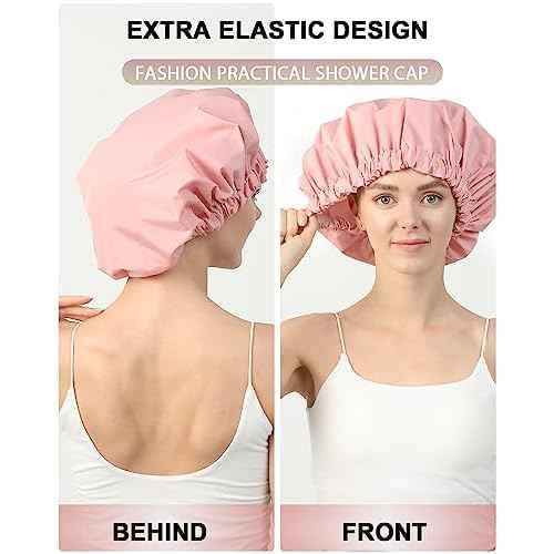 YIZIJIZI Shower Cap,Shower Caps for Women Reusable Waterproof,Two Layer Large Shower Caps Reusable Suitable for All Types of Straight Hair, Curly Hair, Long Hair,Braids (pink)