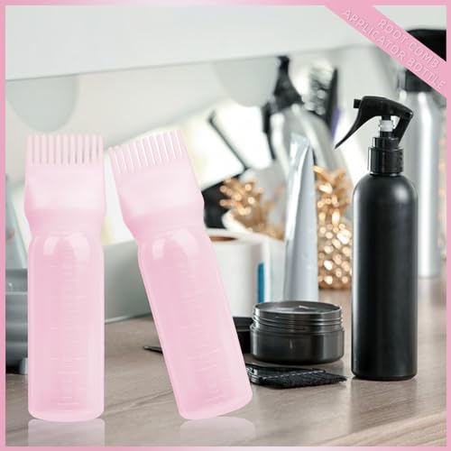 BLAAROOM 2Pack Root Comb Applicator Bottle - 6 Oz Hair Oil Applicator, Dye Bottle Tools with Oil Dispenser & Root Comb Brush - Pink