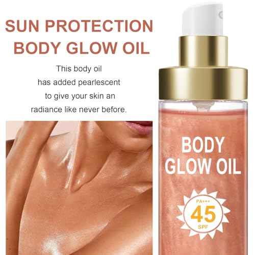 Body Glow Oil, Sunscreen Shimmer Oil, SPF 45 Broad Spectrum, Body Oil with with Coconut Oils, Moisturizing Glow for Face & Body, Liquid Illuminator Highlighter, Water Resistant, 3.72 fl oz (#02 ROSE)