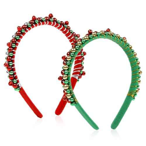 WOVOWOVO Christmas Headbands for Women Girls Red Bell Hairband for Women's hair Green Fashion Headband Christmas festive Gifts Hair Accessories, 2 Pieces