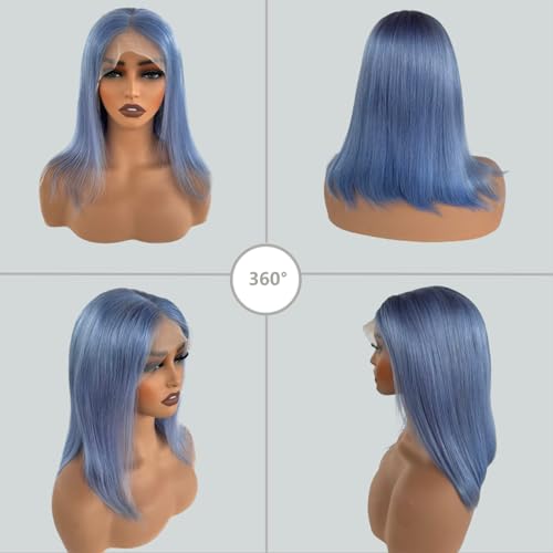 Light Blue Wigs 100% Brazilian Virgin Human Hair,Shiny and Bouncy 10A Grade Bob Wigs,13x4 HD Transparent Straight Lace Front Human Hair Wig 180% Density,Small Knots Easy to Bleach(16Inch,Light Blue)