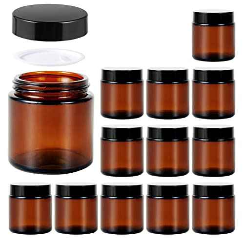 4oz Jars with Lids, Hoa Kinh 12 Pack Amber Glass Jars with Lids Empty Cosmetic Containers Round Airtight Glass Jar with Inner Liners and black Lid for Storing Lotions, Powders, and Ointments