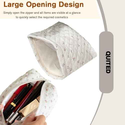 2 Pieces Portable Makeup Bag Travel Small Zipper Cosmetic Bags Organizer for Women Handbag Toiletry Storage Pouch Waterproof Quilting Purse,White Cherry