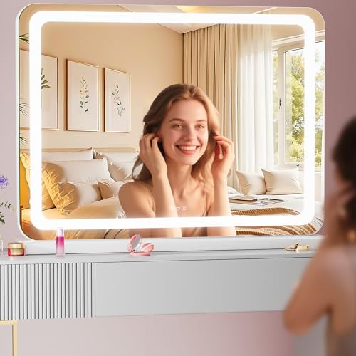 Vanity Mirror with Lights, 23" x 18" LED Makeup Mirror with 10X Magnification, Dimmable 3 Modes, Memory Function, Smart Touch, USB Charging Port, Lighted Makeup Mirror Round White