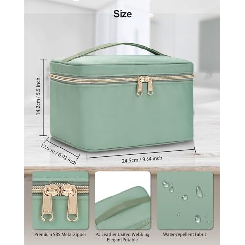 MONSTINA Makeup Bag with Detachable Small Gadget Bag,Large Capacity Portable Cosmetic Organizer,Waterproof Travel Toiletry Bag with Divider for Lipstick,Gifts for Girls and Women,Green Large