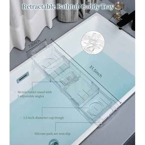 Bathtub Caddy Tray,Adjustable Bathtub Tray Table, Bath Organizer for Relaxing Spa-Features 2 Cup Holders, A Phone Stand with 5 Angle Adjustments,Non-Slip Silicone Pads,Won't Get Moldy,Easy to Clean.