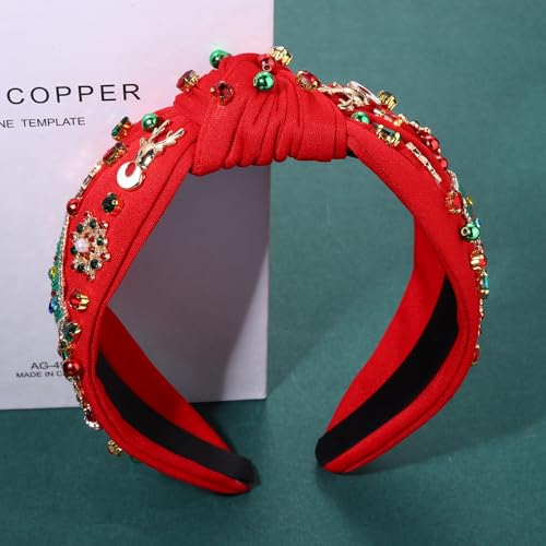 Jeweled Plaid Embellished Crystal Pearl Knotted Wide Top Knot Headband for Women - Holiday Hair Accessory Gift (Big Xmas Tree 4)