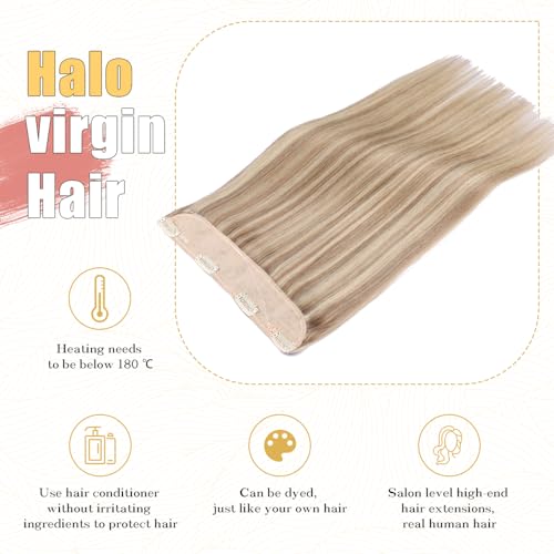 Halo Hair Extensions Real Human Hair - Light Blonde Golden Blond, Halo Extensions Human Hair 20inch 120g