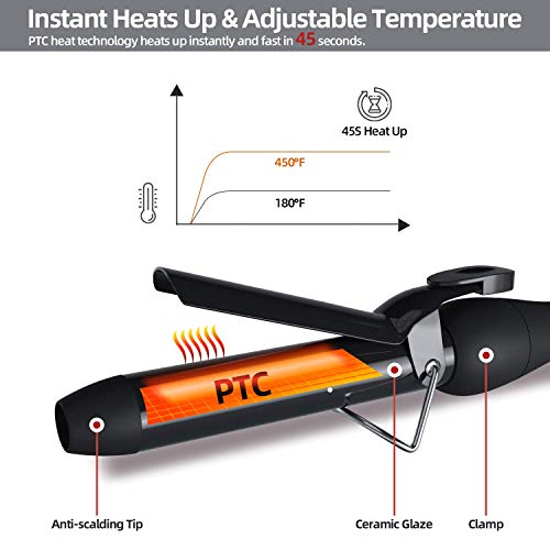 5 in 1 Curling Wand Set: Ohuhu Curling Iron Wand LCD Temperature Display 5Pcs 0.35 to 1.25 Inch Interchangeable Ceramic Barrel Heat Protective Glove for Girls Women Mother Gift Black