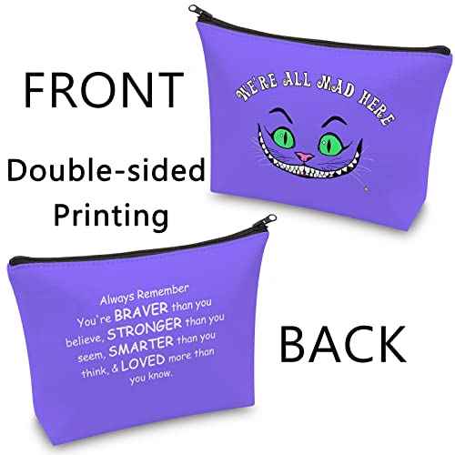 CMNIM We Are All Mad Here Alice Gift Makeup Bag Smiling Cat Wonderland Quote Cosmetic Bag Alice Fairy Tales Gifts (We Are All Mad Here purple)