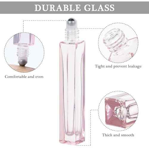 Yebeauty Glass Roller Bottles for Essential Oils 10ml Compact Travel Roll on Bottles for Oil Massage with Golden Aluminum Cover, 4 Pack Perfume Rollerball Empty with Opener, Funnel, Dropper, Pink
