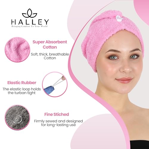 HALLEY Cotton Hair Towel Wrap (3 Packs) Super Absorbent Fast Drying Hair Towel for Thick Hair Turbans for Wet Hair with Button (Pink, Blue, Grey)