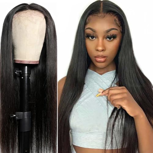28Inch Straight 4x4 Lace Front Wigs for Black Women Glueless Human Hair Wear and Go Brazilian Virgin HD Transparent Lace Closure Wigs Pre Plucked with Baby Hair