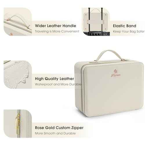 Leather Makeup Case with LED Lighted Mirror 11.4 Inch Travel Makeup Bag Adjustable Brightness in 3 Colors Cosmetic Organizer Artist Storage Bag with Dividers Brush Holder Bag Vanity White