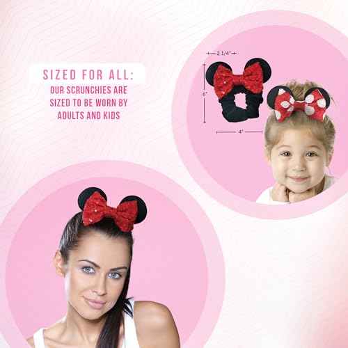 Styla Hair 2pk Mouse Ear Scrunchies for Kids Velvet Hair Bow Scrunchies for Women - Sparkle Sequins Mouse Hair Bands for Pony Tail (Red Black)
