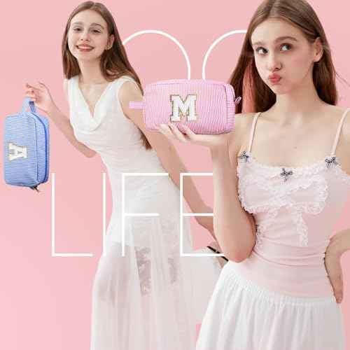 YOOLIFE Birthday Gifts for 4 5 6 7 8 9 10 11 12 13 14 Year Old Girl, Teen Girl Gifts Trendy Stuff, Initial Makeup Bag, Travel Toiletry Pouch, Pink M