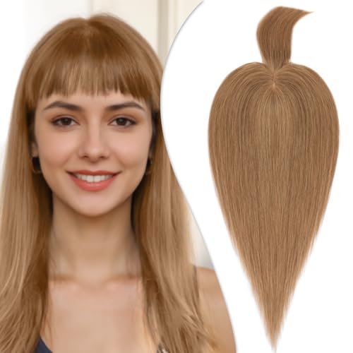 Human Hair Toppers for Women, 150% Density Hair Topper with Bang, No Tangle & Smooth, Upgrade 7x13cm Silk Base, 12 Inch #06 Light Brown