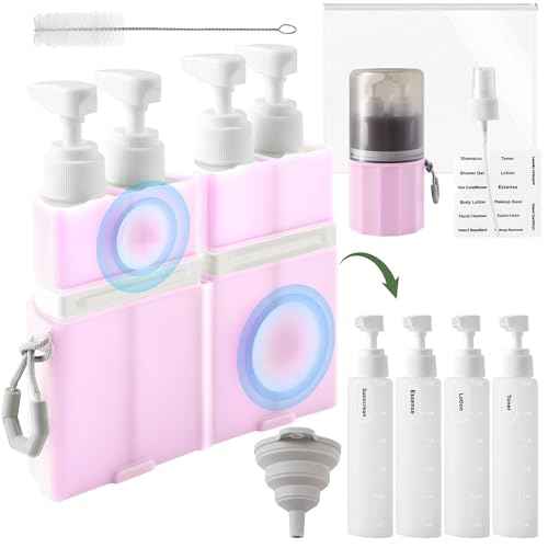 4-in-1 Travel Bottles for Toiletries, TSA Approved Travel Size Toiletries, Leak Proof Refillable Travel Size Shampoo and Conditioner Sets with Wall-Mountable Suction Cup, Pink