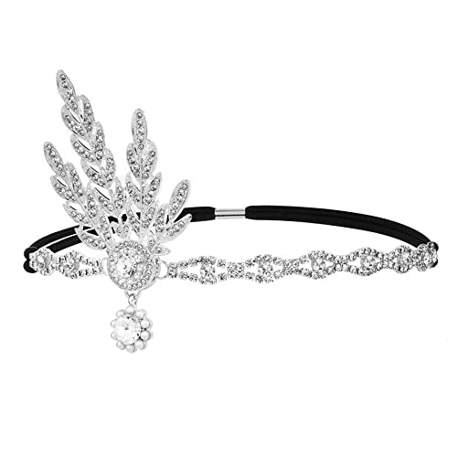 1920s Flapper Headpiece Roaring 20s Feather Headband Great Chain Hair Accessories Vintage Wedding Leaf Pearl