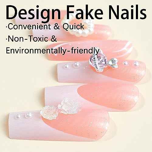 24 Pcs Long Square Press on Nails French Tip Fake Nails Full Cover 3D Rhinestone Acrylic False Nail Tips with Gems Sweet Pink Stick on Nails Long Artificial Nails for Women Manicure Decorations