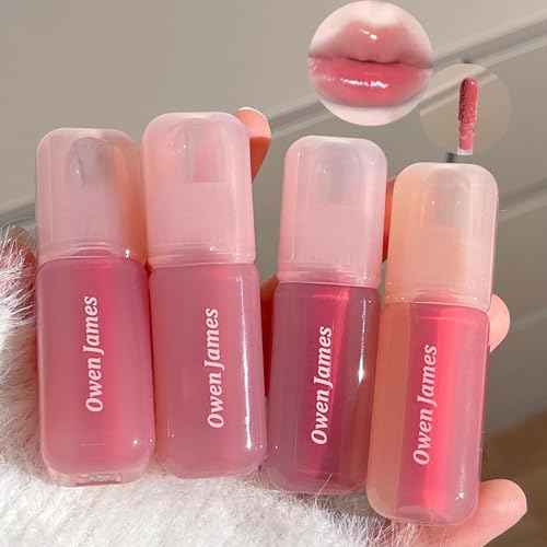 Dulele 4PCS Jelly Lip Gloss Hydrating Lip Glaze, Glossy Plumping Lipgloss Waterproof Non-Stick Cup Tinted Lip Balm, Mirror Finish Liquid Lipstick for Women and Girls