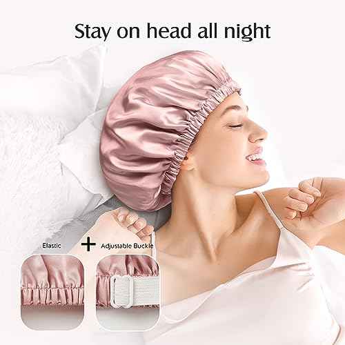 YFONG Double Layered 100% Silk Bonnet for Sleeping Women, 22 Momme Pure Mulberry Silk Sleep Cap with Adjustable Elastic Band Stay On Head£¬Reduce Frizz, Keep Hairstyle, Soft & Breathable, Pink, M