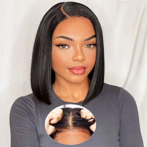 AISI Glueless Bob Wig Human Hair Pre Plucked Short Straight Bob Wigs for Black Women Pre Cut 4x4 Lace Closure HD Transparent Glueless Lace Front Wigs Human Hair 180% Density 12 Inch
