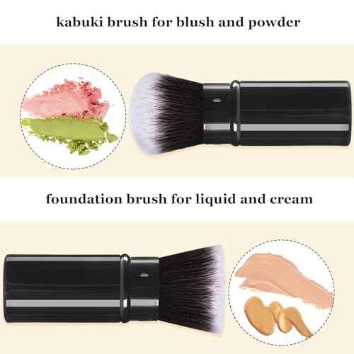 Retractable Makeup Brush 2 Pack, Travel Kabuki Powder Foundation Makeup Brush Face Blush Brushes for Blending Liquid, Blush, Bronzer, Buffing, Sunscreen,Flawless Cosmetics