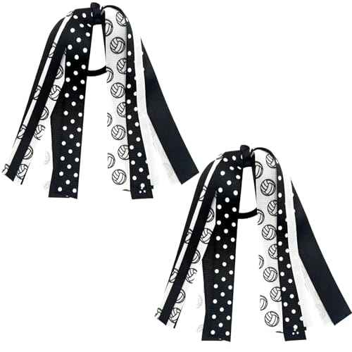 2PCS Volleyball Ponytail Holders for Women White Black Glitter Hair Ribbons Streamer Volleyball Elastic Hair Ties Band Scrunchies Game Day Party Decor Back School Gift for Cheerleader Fans