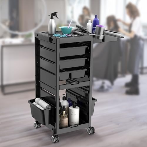 Salon Trolley Salon Cart on Wheels Rolling Tray Large Storage Salon Trolley W/Hair Dryer Holder, 4 Remove Drawers, 2 Buckets for Salon Spa Store