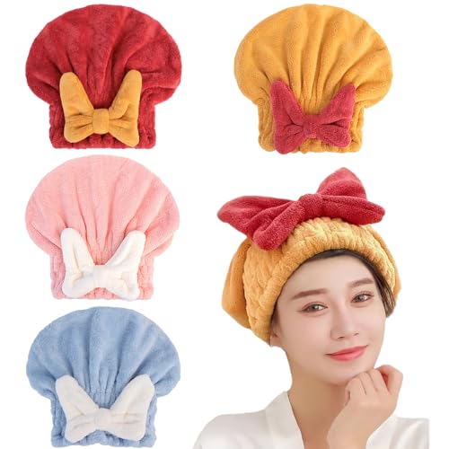 4Pcs Ultra Absorbent Hair Quick Drying Towel for Women Girls New Microfiber Hair Towel Wrap Dry Turban Soft Bow Tie Plopping Head Towels Shower Cap for Kids (Mixed Colors)