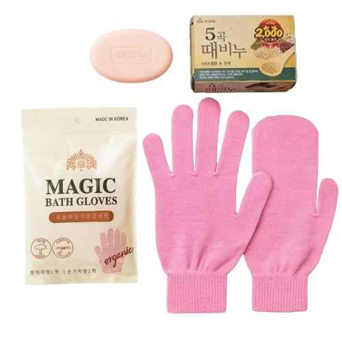 Exfoliating Mitt Glove for Dead Skin ? Smooth Body Scrub Shower & Bath Set with Korean Finger + Mitt Combo & 5 Grain AHA Soap Set? Skin Care Exfoliator Gloves & Bar