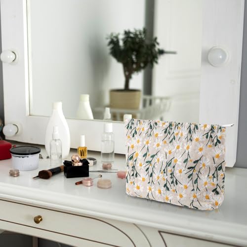 Cosmetic Bags Embroidery Daisy Flower Makeup Bag Large Travel Canvas Make Up Organizer Tool Pouch Cute Floral Cosmetic Bag Portable Purse Zipper Storage Toiletry Essential Pouch for Women Girls Gifts