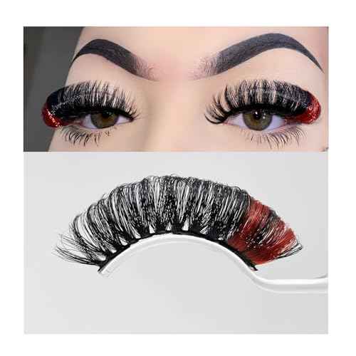 1 Pair Black Eyelashes with Red Color on the End, Tip False Eye Lash Strip, Manga Lash with Silver Glitter Highlight, Fairy Faux Mink Eyelash 18 MM for Rave Cosplay Party Tiktok Live (Red)