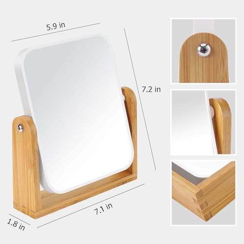 LFOYOU Vanity Makeup Mirror with Natural Bamboo Stand, Double Sided 360 Degree Swivel Magnifying Mirror, Tabletop Magnified Make up Mirror for Bathroom or Bedroom 8 Inch